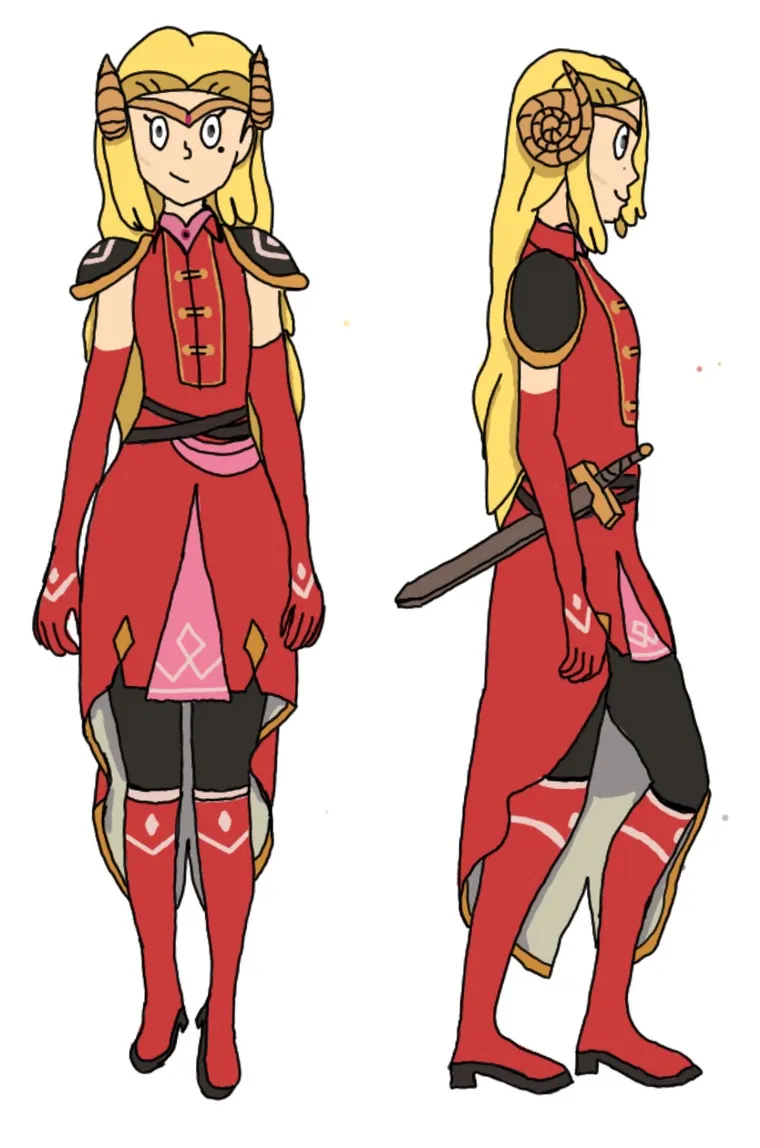 Sasha reference sheet, front and side.
