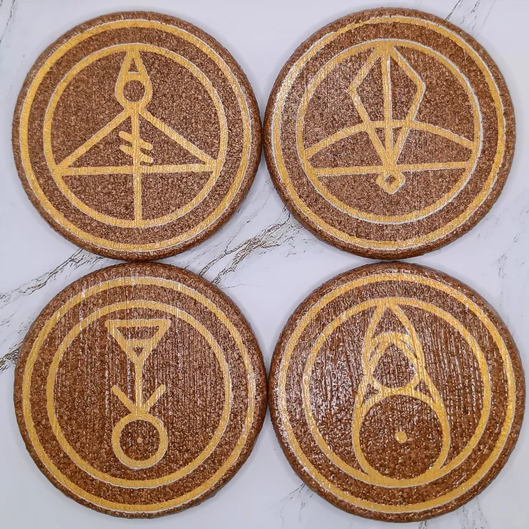 Wood burned glyph coasters.
