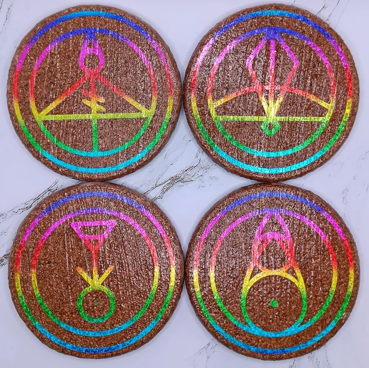 Glyph coasters in a holographic finish.