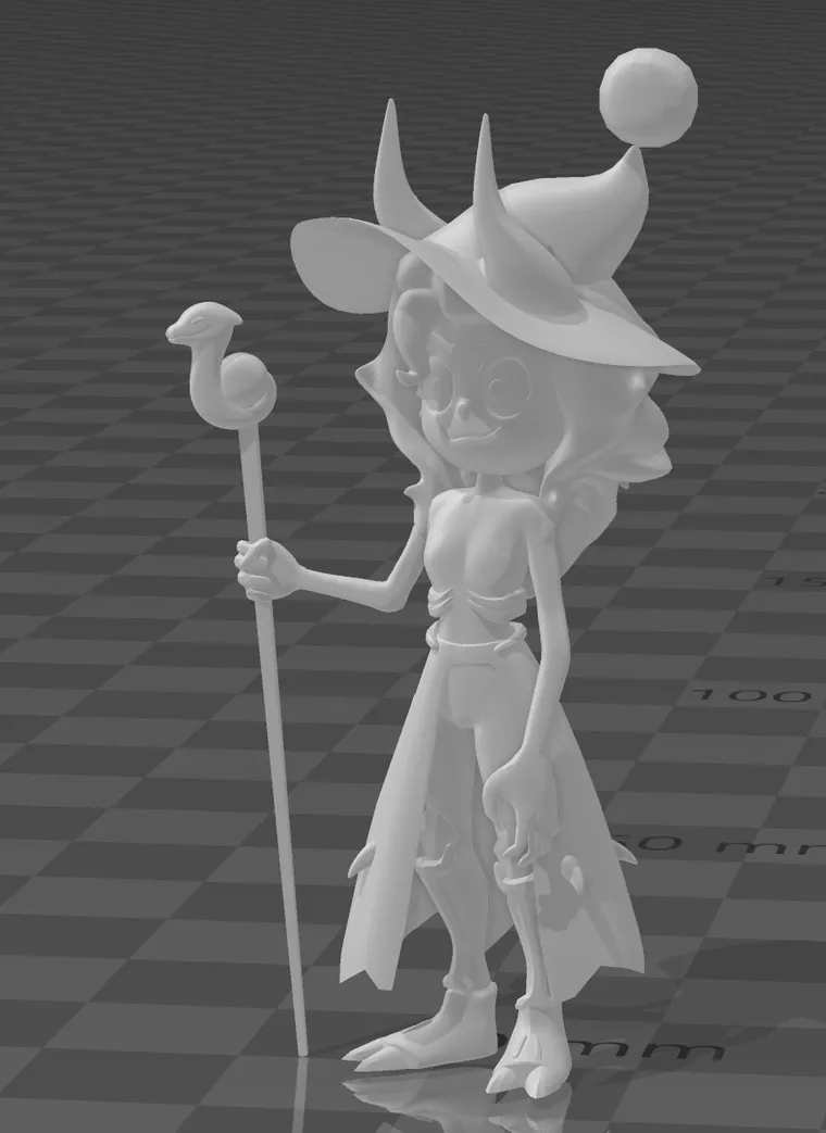 Character model in progress, untextured, shown against a 100 mm scale.