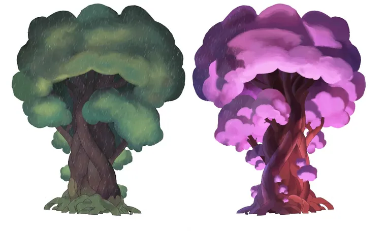 Two painted trees tested as standee backdrops.