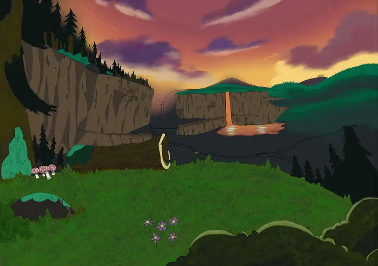 Gravity Falls landscape at sunset, work in progress.