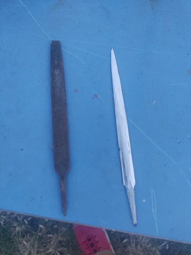 Forged blade beside the stock it came from.