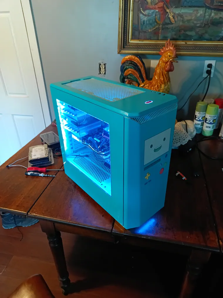 BMO commission: painted case with the face masked and cut in, lit.