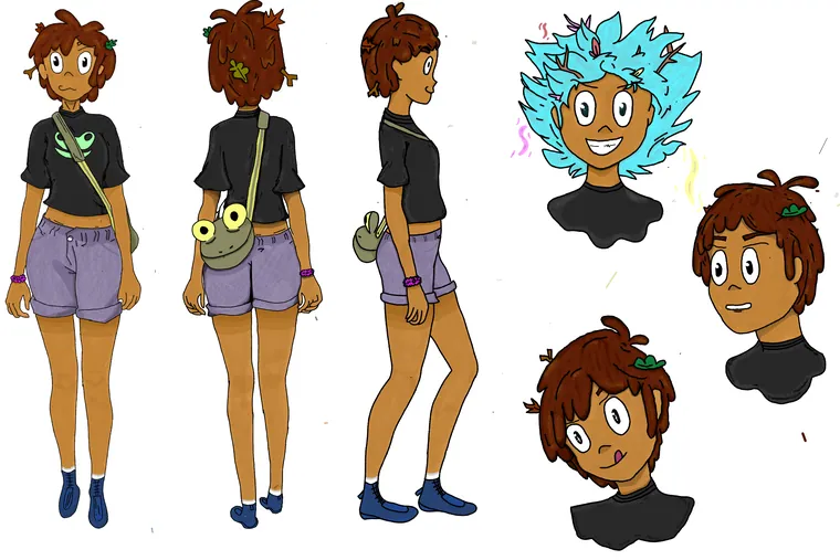 Anne turnaround with front, side and back views plus expression heads.