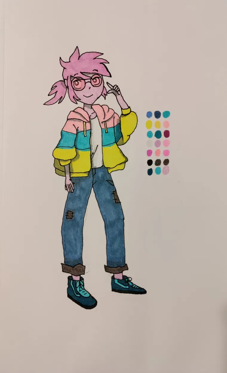 Full figure in copic marker with the marker codes swatched beside it.