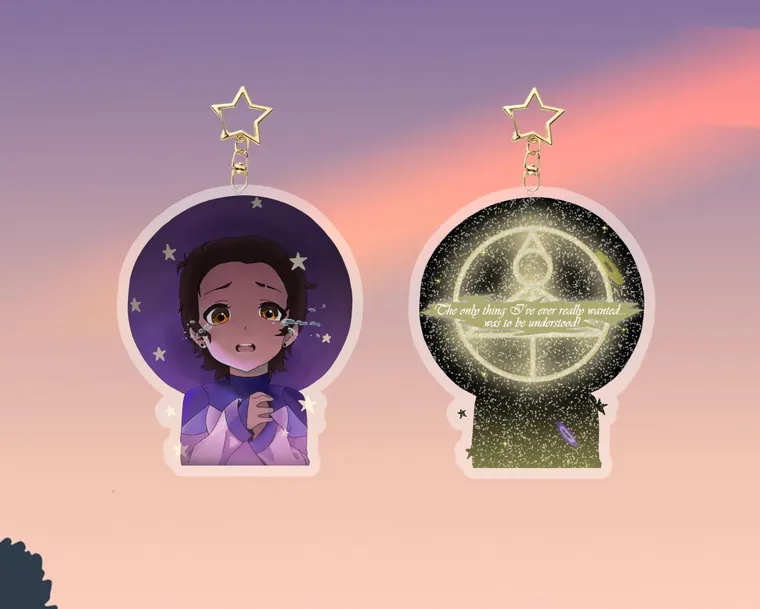 Double sided acrylic keychain, printed front and glitter back.