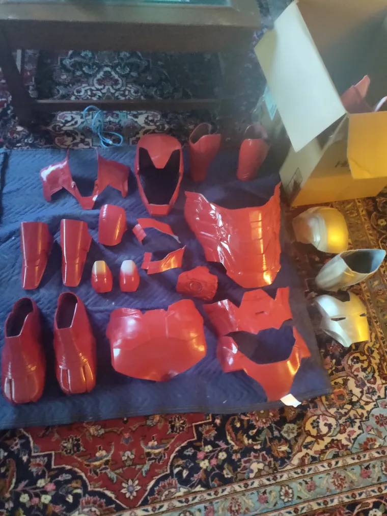 Armour panels laid out after painting.