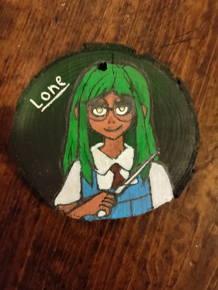 Character portrait, acrylic on a wood slice.