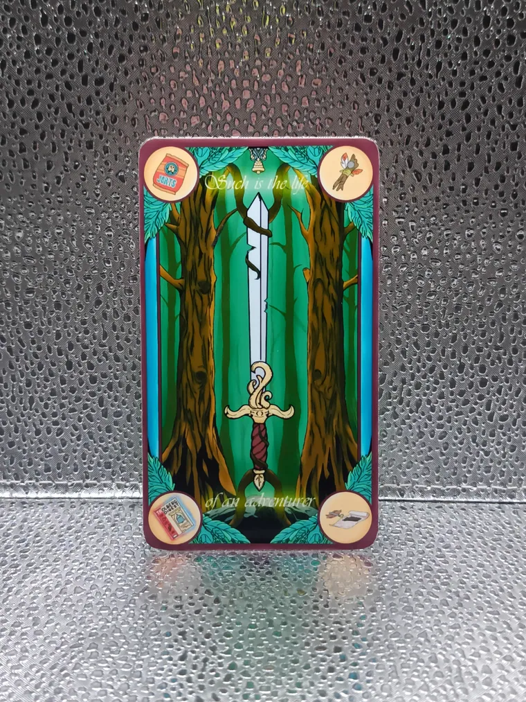 Stained glass style pin with a sword motif and four glyph corners.