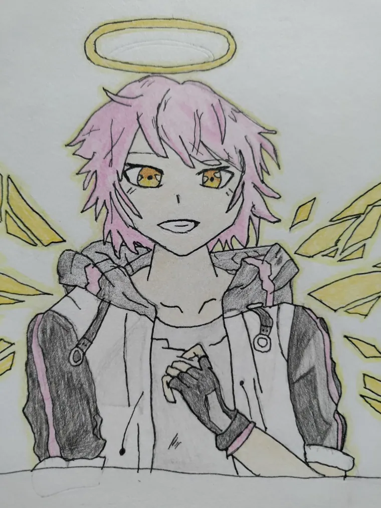 Winged character, coloured pencil.