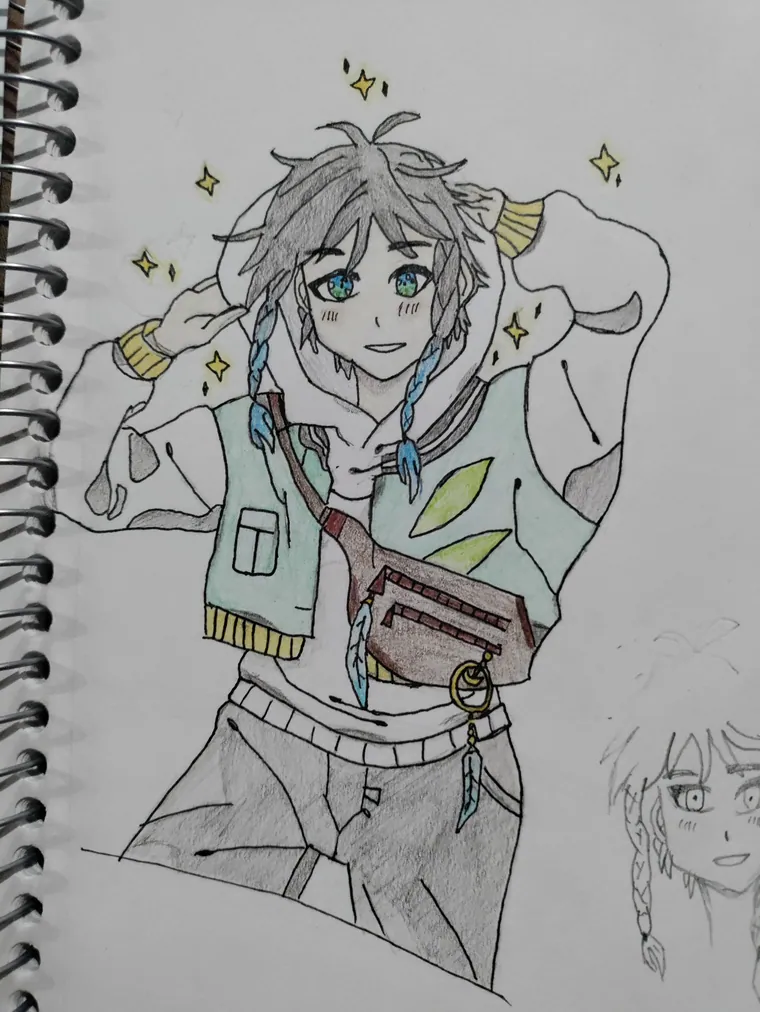 Character with jacket and satchel, pencil and marker.