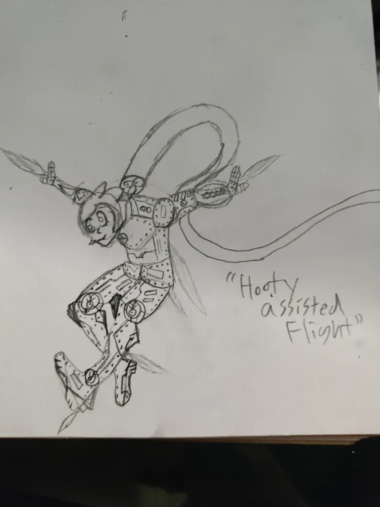 “Hooty assisted flight”, pencil sketch.