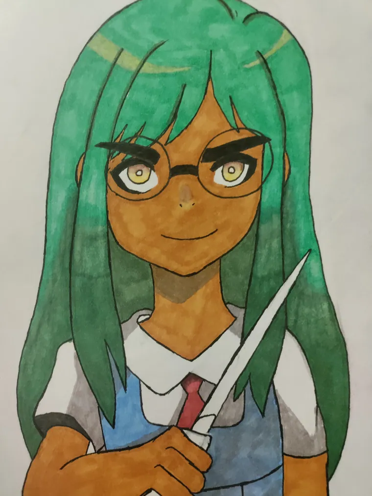 Green haired character holding a blade, marker.