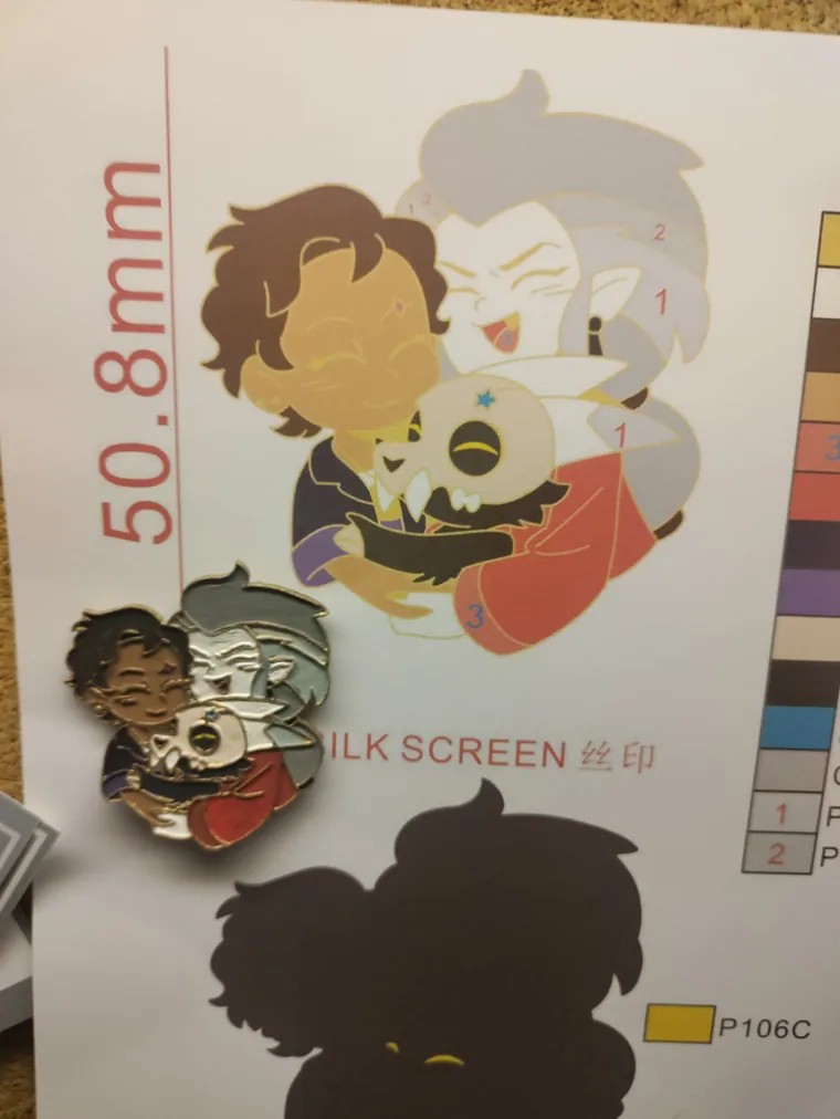 Pin sample against the factory spec sheet: 50.8 mm size call out, silk screen note and Pantone chips including P106C.